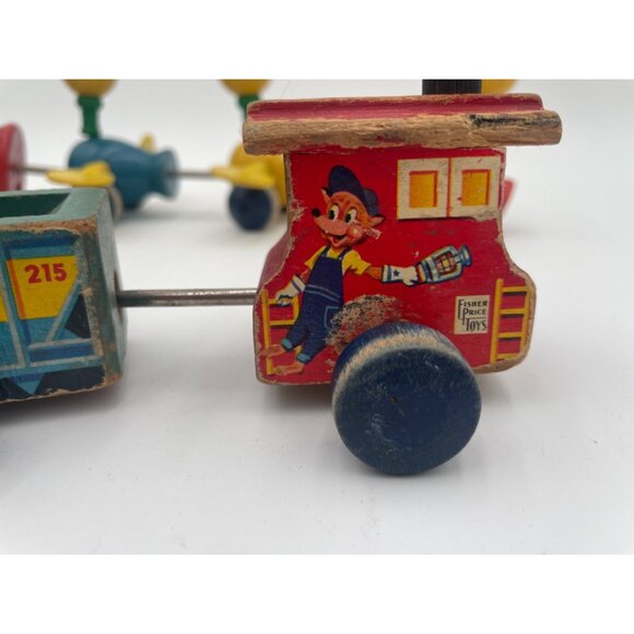 Antique Two Fisher-Price Wooden Pull Toys Train Cars & Duck Set - Picture 9 of 16